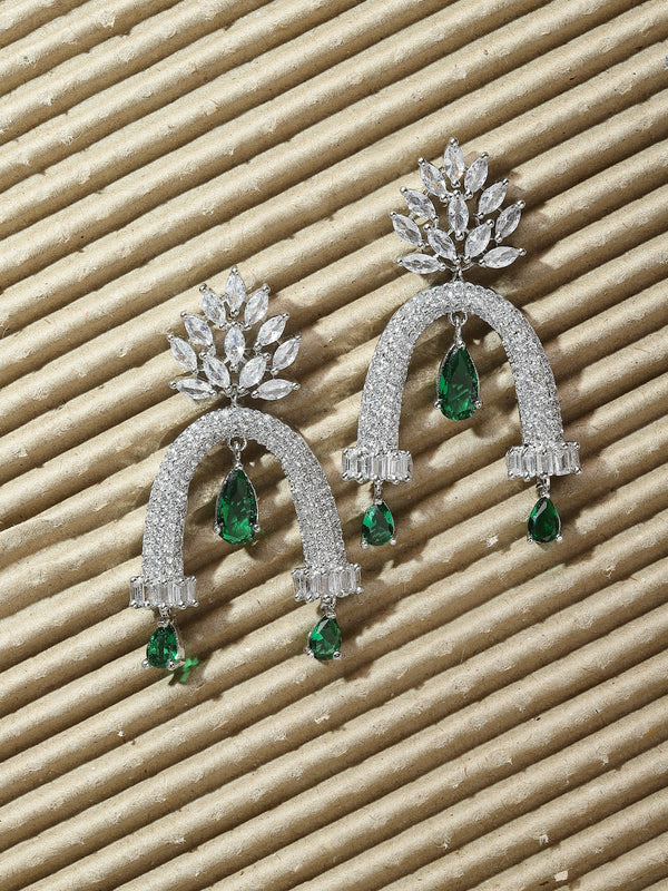 Rhodium-Plated Green American Diamond studded Quirky Handcrafted Drop Earrings