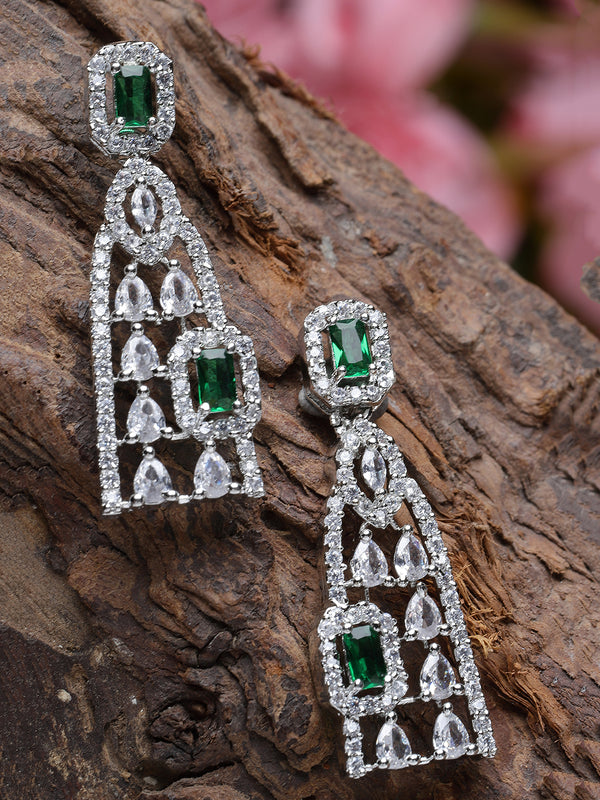 Rhodium-Plated Green American Diamond studded Classic Drop Earrings