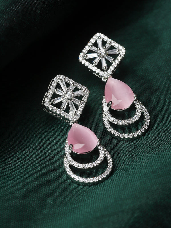 Rhodium-Plated Pink American Diamond studded Handcrafted Teardrop Layered Drop Earrings
