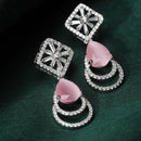 Rhodium Plated Geometric Shape Pink American Diamond Contemporary Drop Earrings