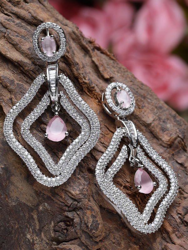 Rhodium-Plated Pink & White American Diamond studded Layered Drop Earrings