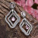 Rhodium-Plated Pink & White American Diamond studded Layered Drop Earrings