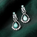 Rhodium Plated Teardrop & Leaf Sea Green American Diamond Contemporary Long Drop Earrings