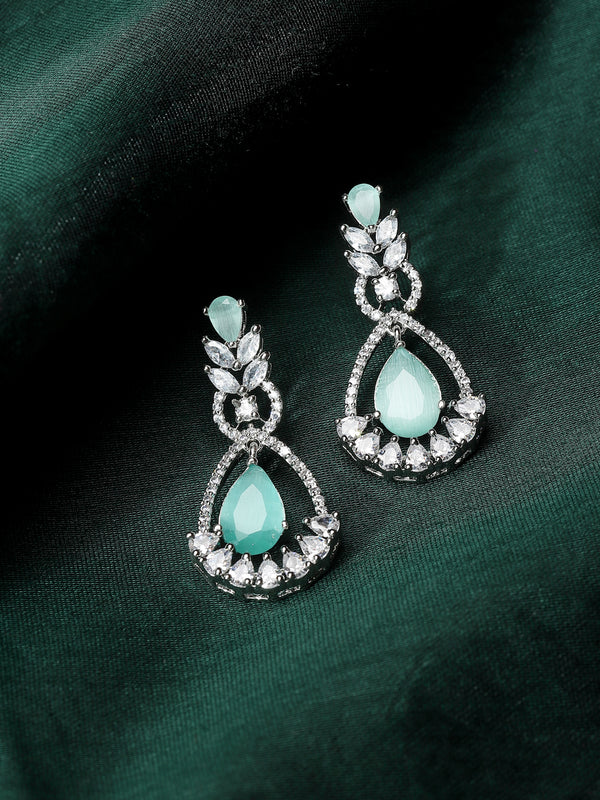 Rhodium-Plated Sea Green American Diamond studded Teardrop & Leaf Shaped Drop Earrings