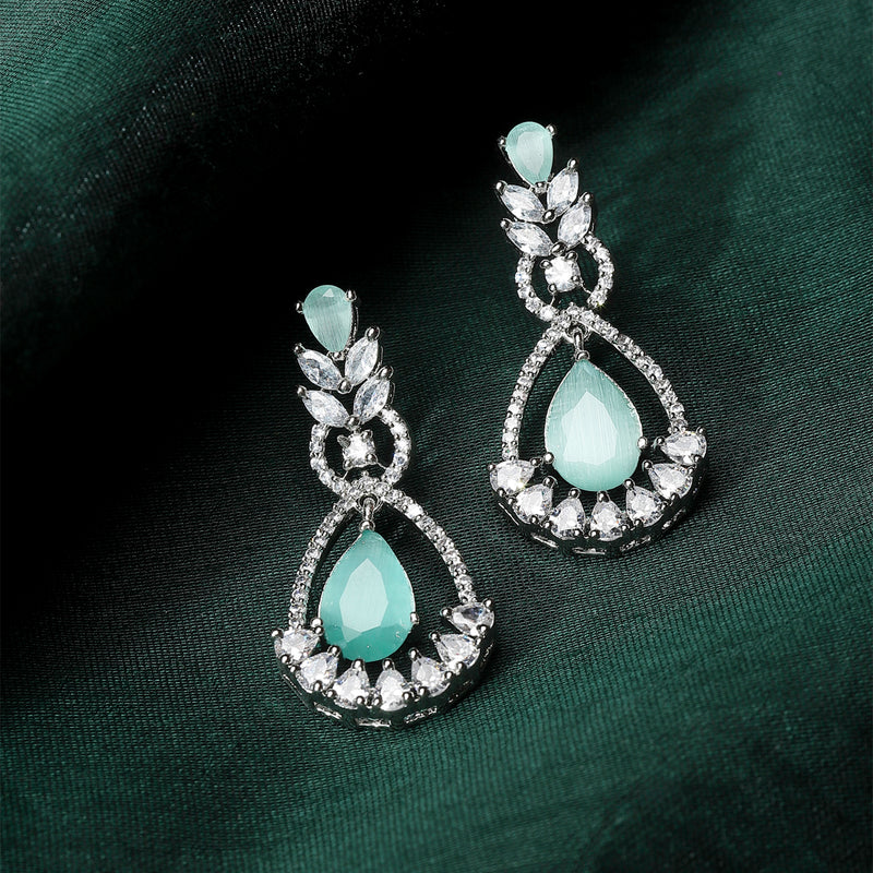 Rhodium-Plated Sea Green American Diamond studded Teardrop & Leaf Shaped Drop Earrings