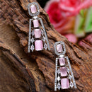 Rhodium-Plated Pink American Diamond studded Contemporary Drop Earrings