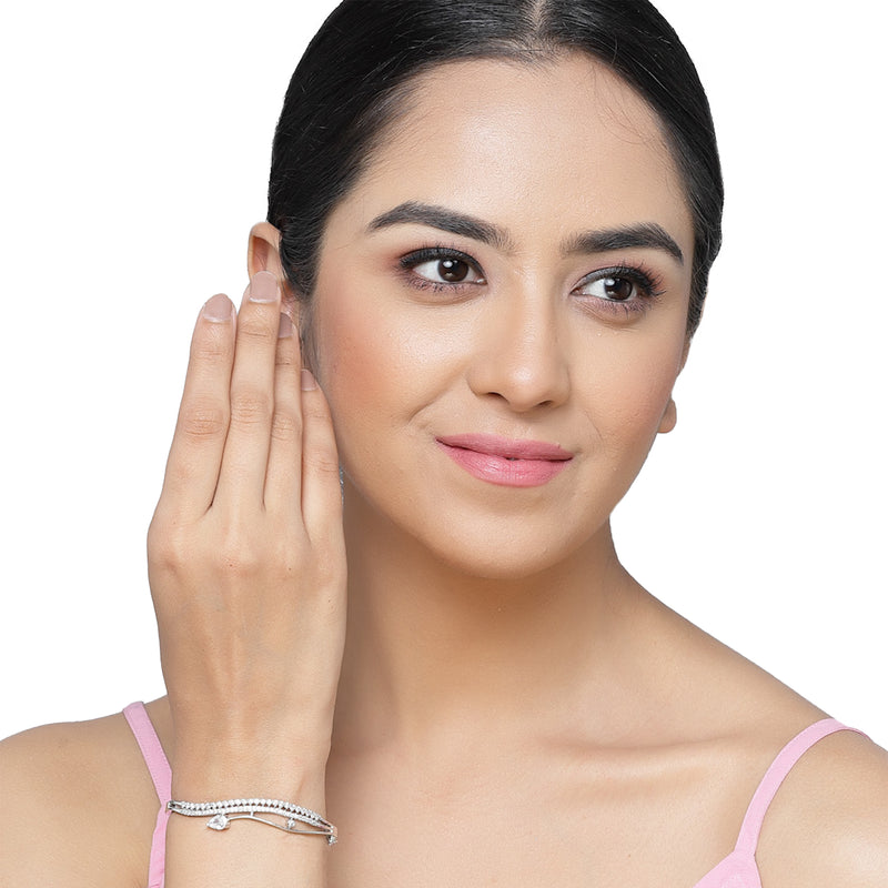 Rhodium Plated Silver Toned White Teardrop  American Diamond Stone Studded Kada Bracelet