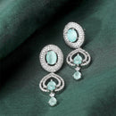 Rhodium-Plated Sea Green American Diamond studded Handcrafted Oval & Teardrop Shaped Drop Earrings