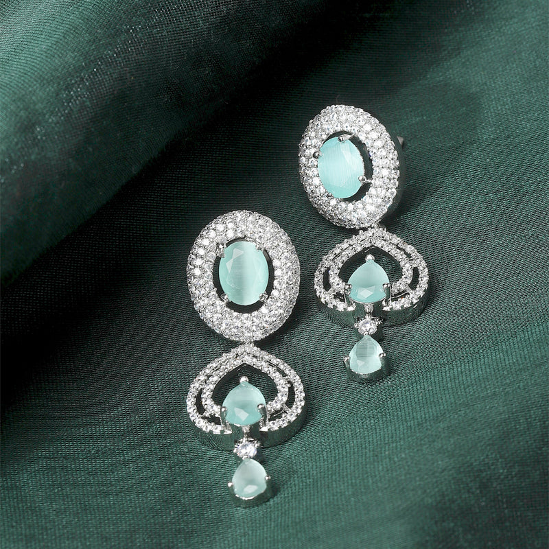 Rhodium-Plated Sea Green American Diamond studded Handcrafted Oval & Teardrop Shaped Drop Earrings