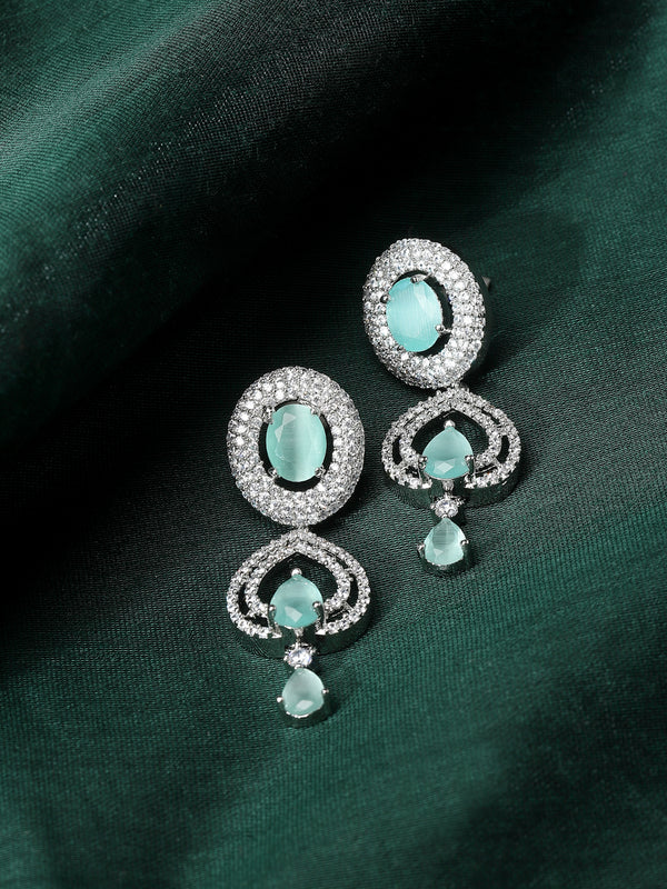 Rhodium-Plated Sea Green American Diamond studded Handcrafted Oval & Teardrop Shaped Drop Earrings