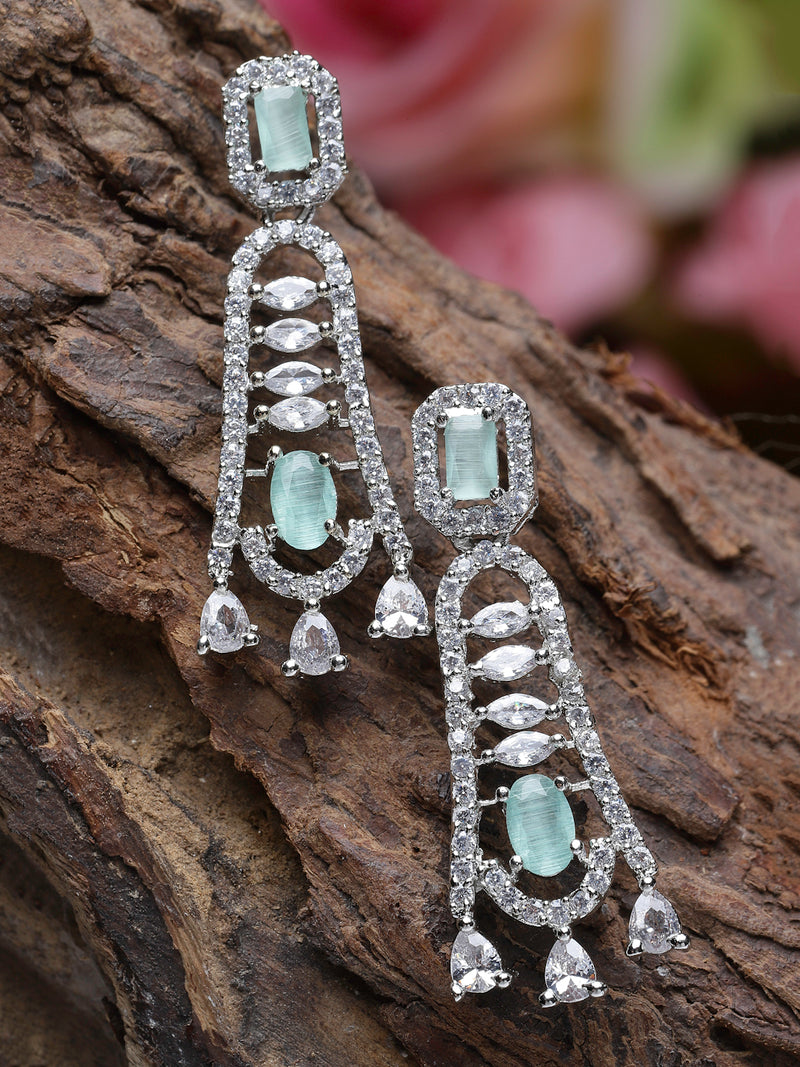 Rhodium-Plated Sea Green American Diamond studded Classic Contemporary Drop Earrings
