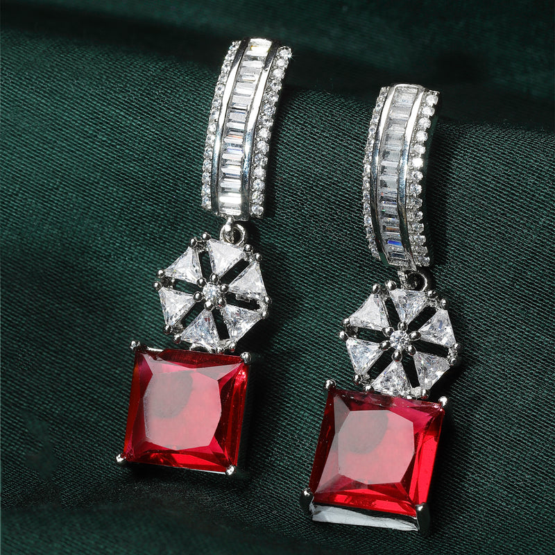 Rhodium-Plated Red American Diamond studded Square & Floral Shaped Drop Earrings