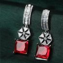 Rhodium Plated Square Red American Diamond Contemporary Long Drop Earrings