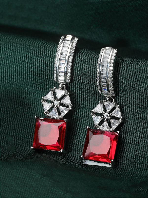 Rhodium-Plated Red American Diamond studded Square & Floral Shaped Drop Earrings