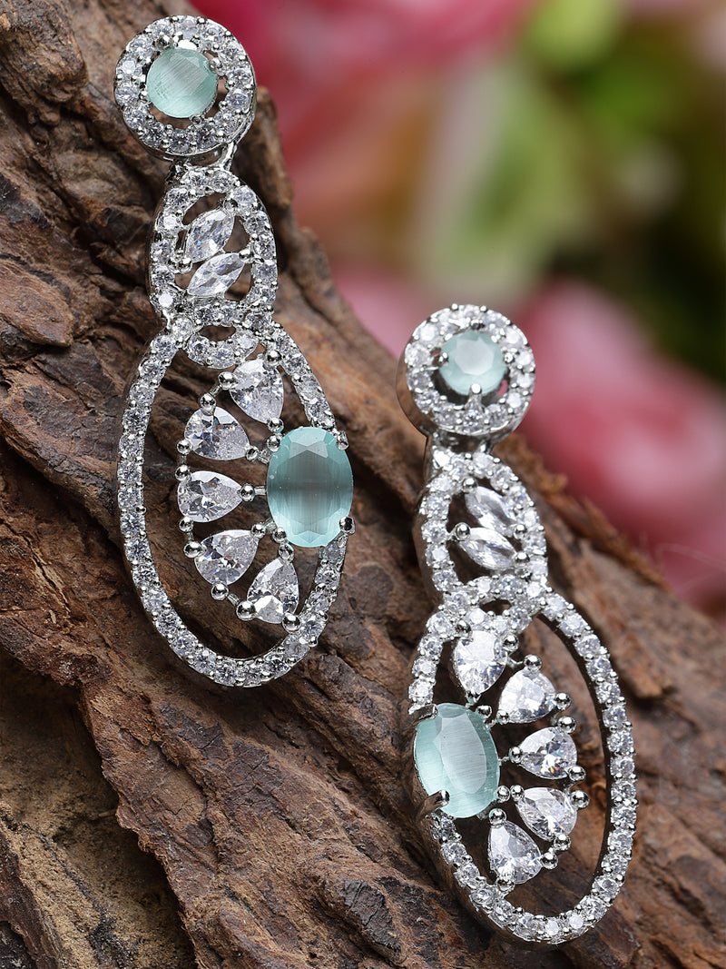 Rhodium-Plated Sea Green American Diamond studded Oval & Quirky Shaped Drop Earrings