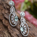 Rhodium-Plated Sea Green American Diamond studded Oval & Quirky Shaped Drop Earrings
