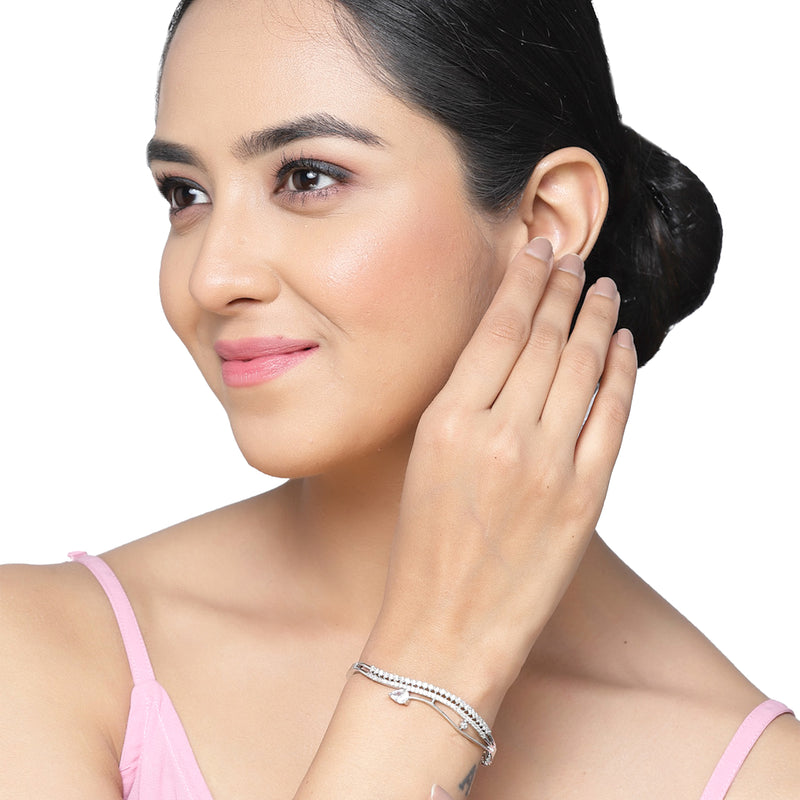 Rhodium Plated Silver Toned White Teardrop  American Diamond Stone Studded Kada Bracelet