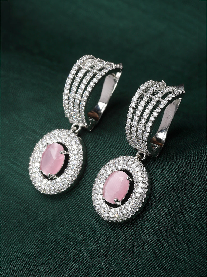 Rhodium-Plated Pink American Diamond studded Handcrafted Oval Shaped Drop Earrings