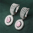 Rhodium Plated Oval Pink AD Studded Contemporary Long Drop Earrings