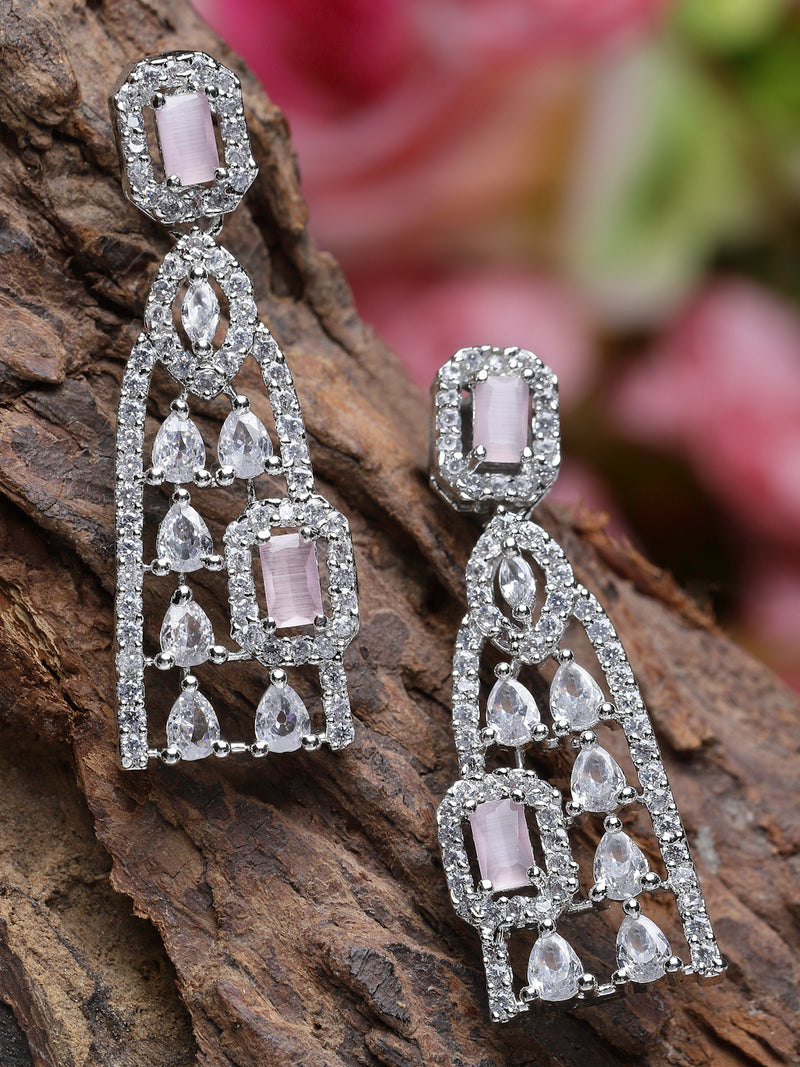 Rhodium-Plated Pink American Diamond studded Classic Drop Earrings