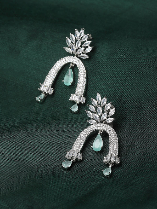 Rhodium-Plated Sea Green American Diamond studded Quirky Handcrafted Drop Earrings