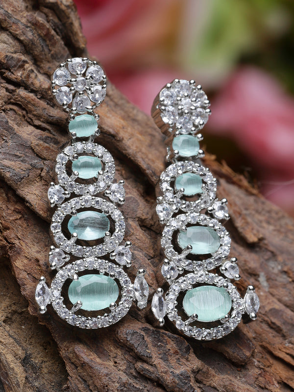 Rhodium-Plated Sea Green American Diamond studded Quirky Shaped Drop Earrings