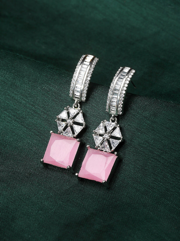 Rhodium-Plated Pink American Diamond studded Square & Floral Shaped Drop Earrings