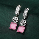Rhodium-Plated Pink American Diamond studded Square & Floral Shaped Drop Earrings