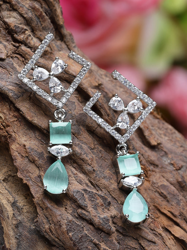 Rhodium-Plated Sea Green & White American Diamond studded Square & Teardrop Shaped Contemporary Drop Earrings