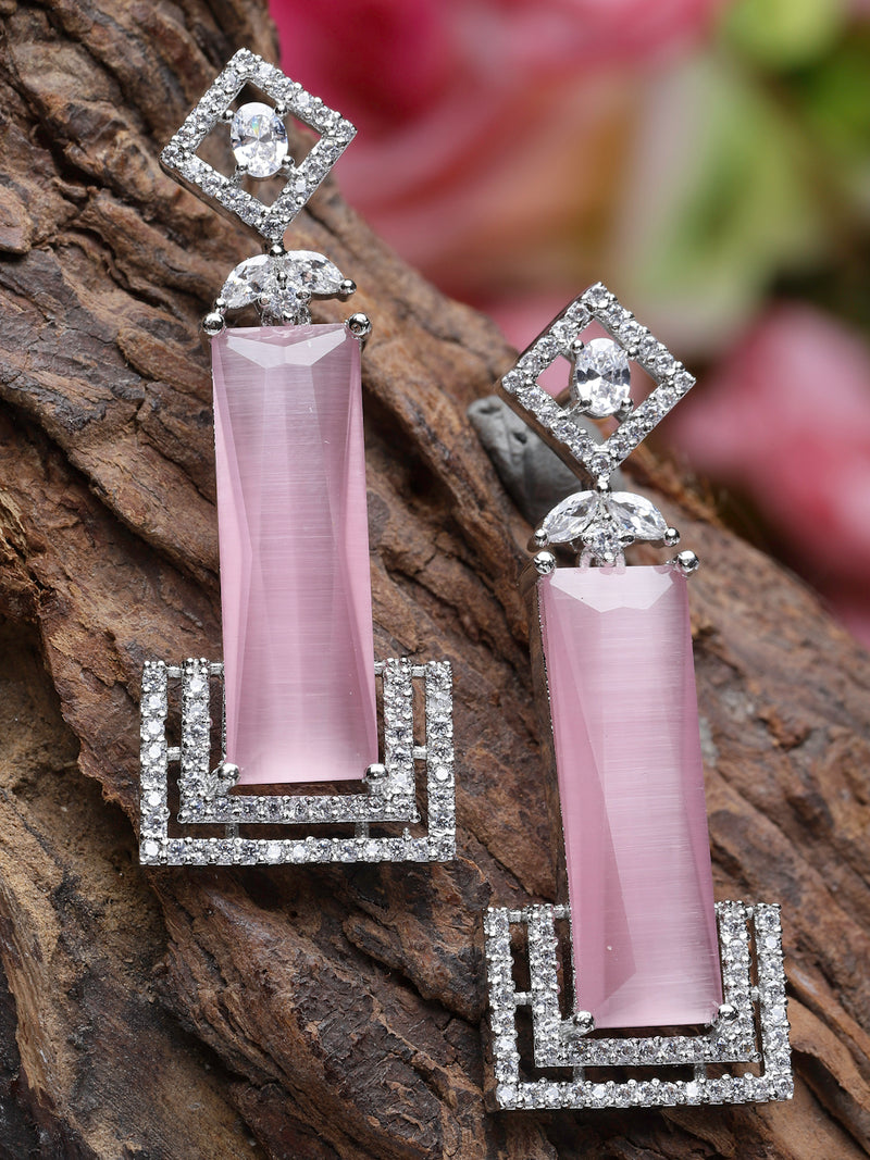 Rhodium-Plated Pink American Diamond studded Rectangular Shaped Drop Earrings