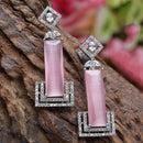 Rhodium-Plated Pink American Diamond studded Rectangular Shaped Drop Earrings
