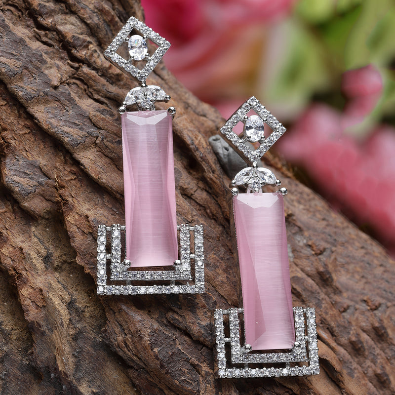 Rhodium-Plated Pink American Diamond studded Rectangular Shaped Drop Earrings