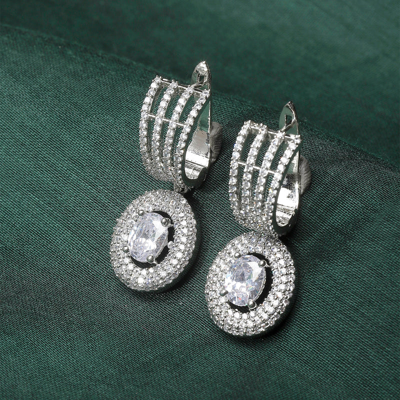 Rhodium-Plated White American Diamond studded Handcrafted Oval Shaped Drop Earrings
