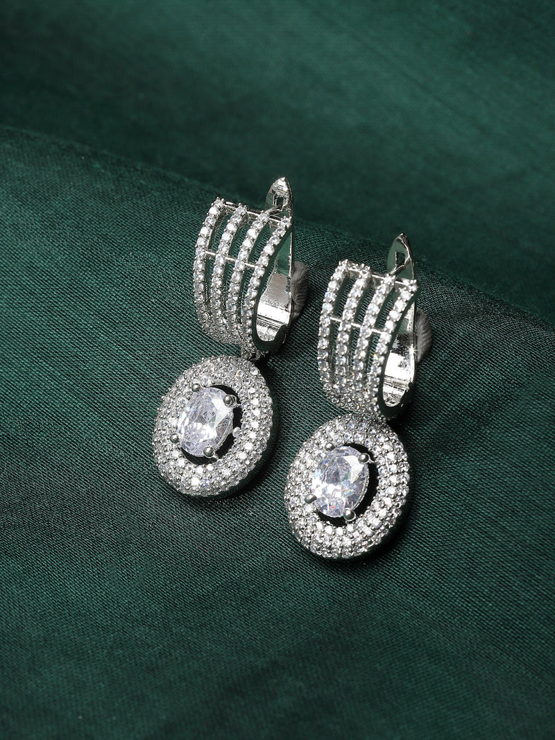 Rhodium-Plated White American Diamond studded Handcrafted Oval Shaped Drop Earrings