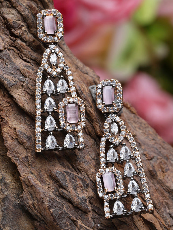 Rose Gold-Plated Gunmetal Toned Pink American Diamond studded Classic Drop Earrings