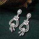 Rhodium-Plated White American Diamond studded Floral Shaped Drop Earrings