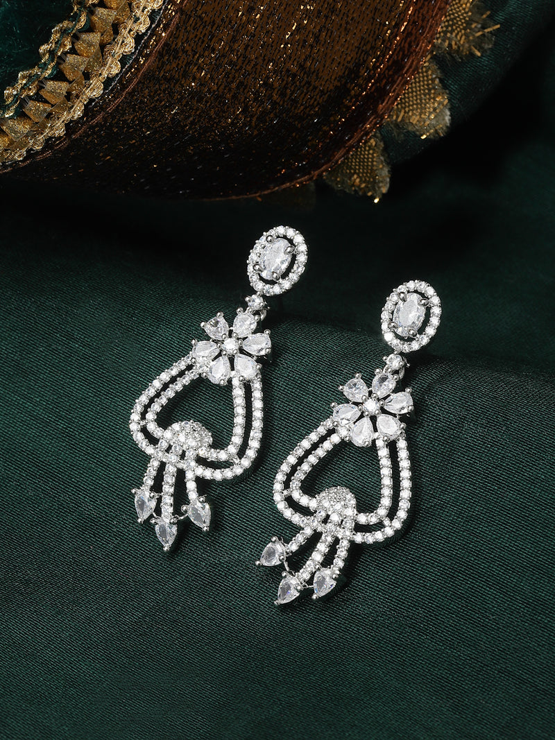 Rhodium-Plated White American Diamond studded Floral Shaped Drop Earrings