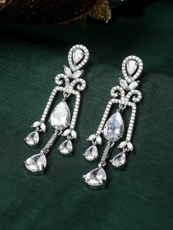 Rhodium-Plated White American Diamond studded Spiked Drop Earrings