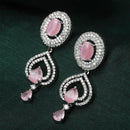 Rhodium-Plated Pink American Diamond studded Handcrafted Oval & Teardrop Shaped Drop Earrings