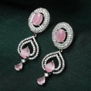 Rhodium Plated Oval & Teardrop Pink American Diamond Contemporary Long Drop Earrings