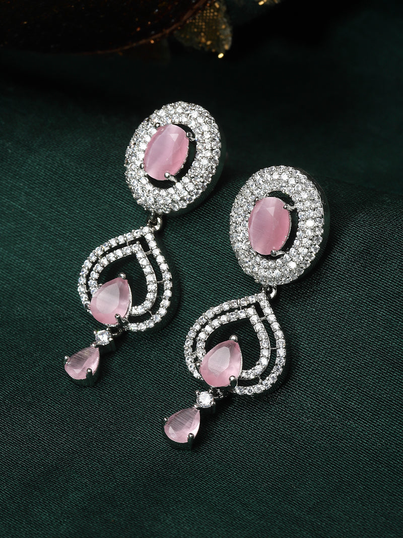 Rhodium-Plated Pink American Diamond studded Handcrafted Oval & Teardrop Shaped Drop Earrings