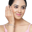 Rhodium-Plated Silver Toned Floral Pink American Diamond Studded Kada Bracelet