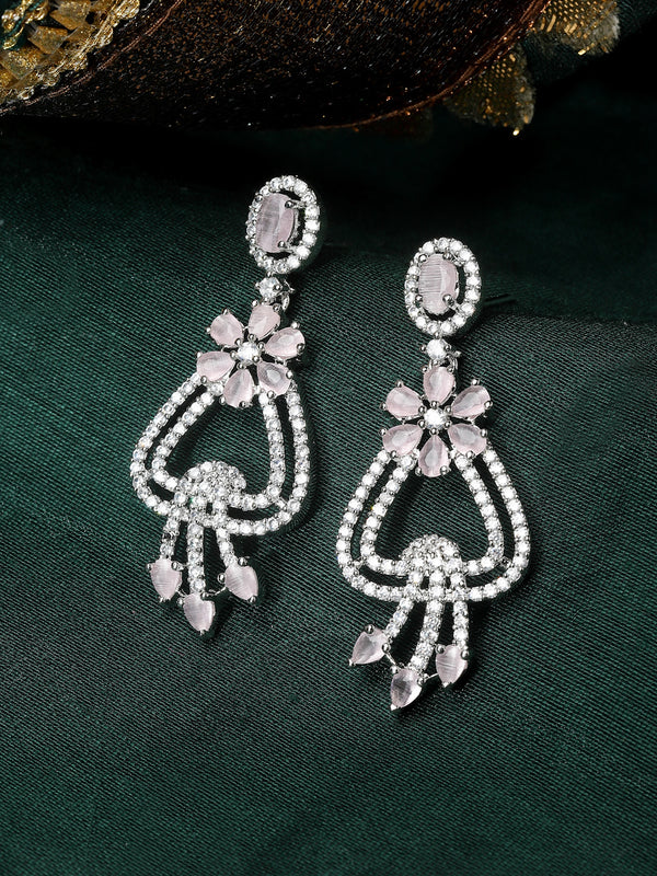 Rhodium-Plated Pink & White American Diamond studded Floral Shaped Drop Earrings