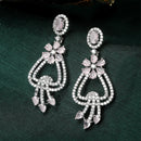 Rhodium-Plated Pink & White American Diamond studded Floral Shaped Drop Earrings