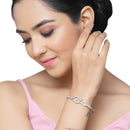 Rhodium-Plated Silver Toned Floral Pink American Diamond Studded Kada Bracelet