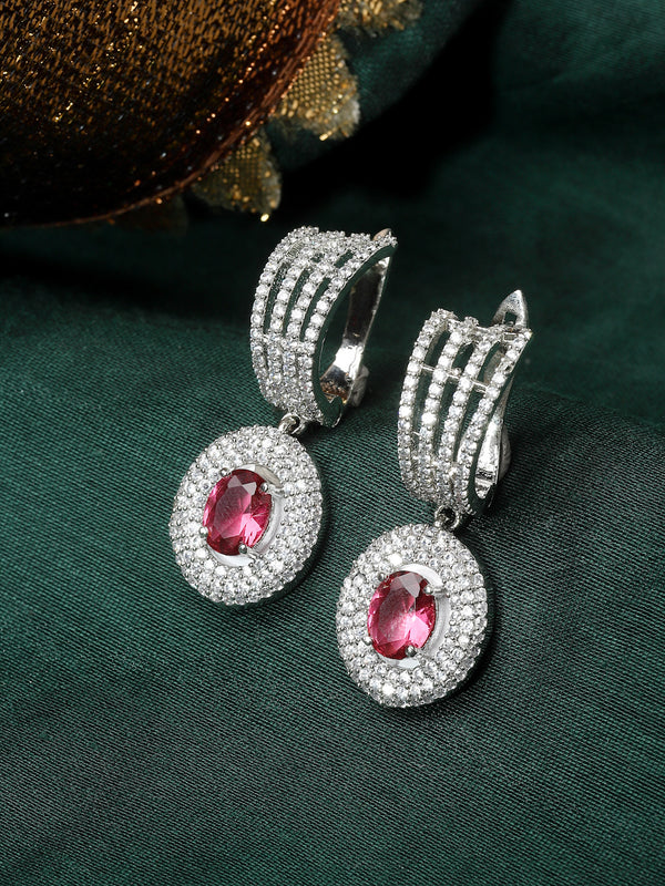 Rhodium-Plated Red American Diamond studded Handcrafted Oval Shaped Drop Earrings