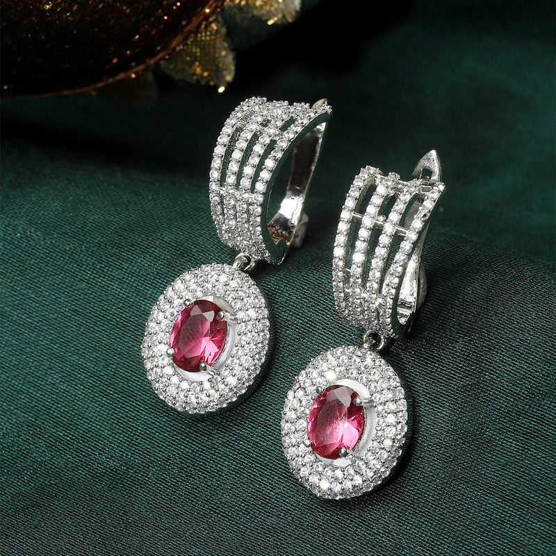 Rhodium-Plated Red American Diamond studded Handcrafted Oval Shaped Drop Earrings
