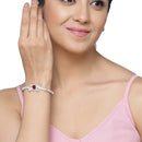 Rhodium-Plated Silver Toned Square Shaped Ruby Red American Diamond Studded Bracelet