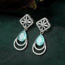 Rhodium Plated Geometric Shape Sea Green American Diamond Contemporary Drop Earrings