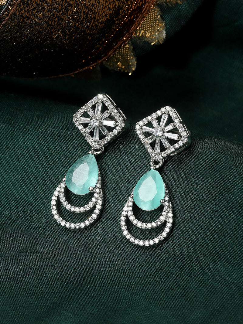 Rhodium-Plated Sea Green American Diamond studded Handcrafted Teardrop Layered Drop Earrings